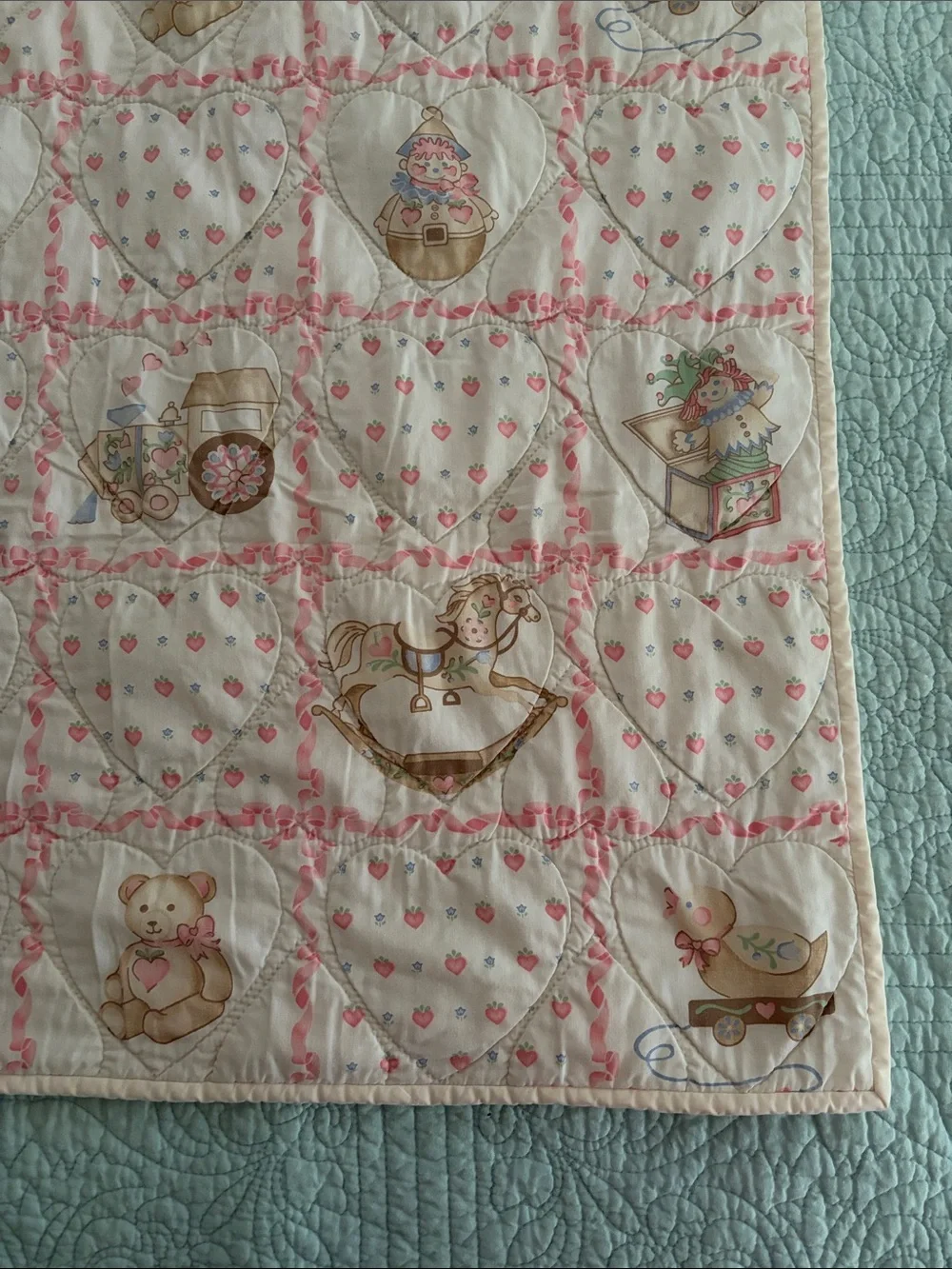 Vintage Pink and Blue Nursery Quilt with Toy Motif